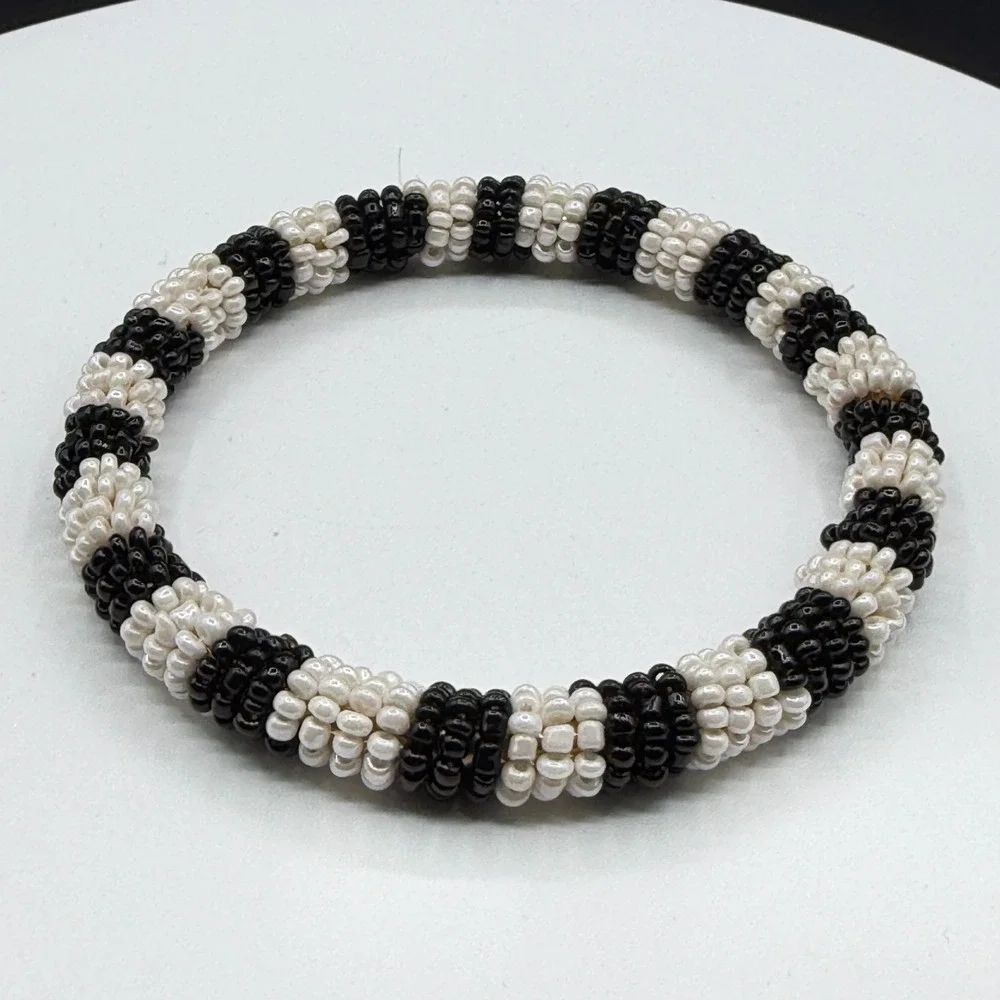 Black White Seed Bead Bangle Bracelet Boho Stretch Statement Handmade Gift Chic